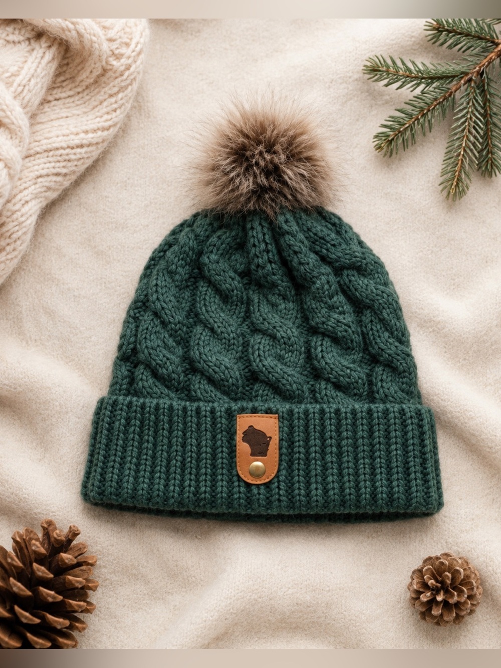 Blue Mountain Co Wisconsin Leather Patch Pom Beanie Cabin Core Winter Hat